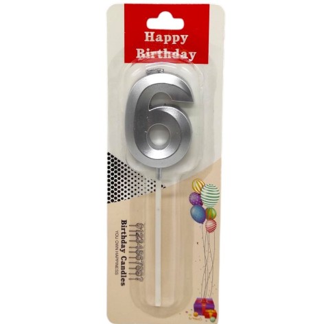 Свеча для торта "Цифра 6" (СЕРЕБРО)