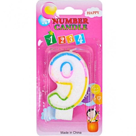 Свеча-цифра цветная с блестками "9" 6см (28586)