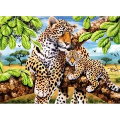 Алмазна мозаїка Strateg Леопард з дитинчатою без підрамника розміром 50х65 см