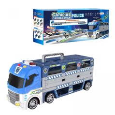 Трейлер-трек "Полиция", размер 38х10.5х15 см, длина трека 135 см, механический запускатель, подсветка, звук, 2 металлопластиковые модели, 6 пластиковых моделей, в коробке