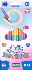 Карандаши цветные трехгранные двухсторонние пастельные цвета + точилка – 24 цвета (12 шт.)