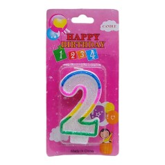 Свеча-цифра цветная с блестками "2" 6 см