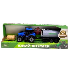 ТРАКТОР З БОЧКОЮ (СІРОЮ) НА ПРИЧЕПІ (СИНІЙ)