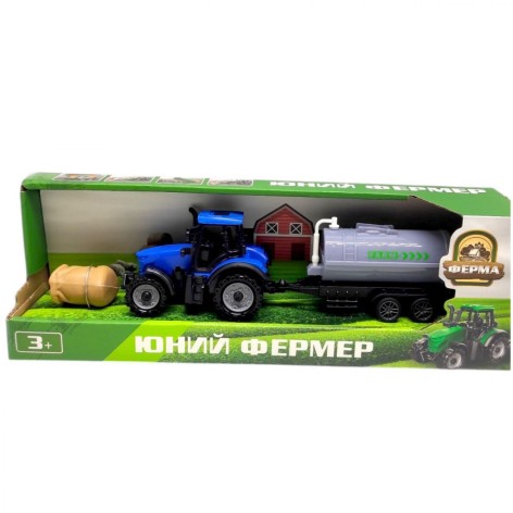 ТРАКТОР З БОЧКОЮ (СІРОЮ) НА ПРИЧЕПІ (СИНІЙ)