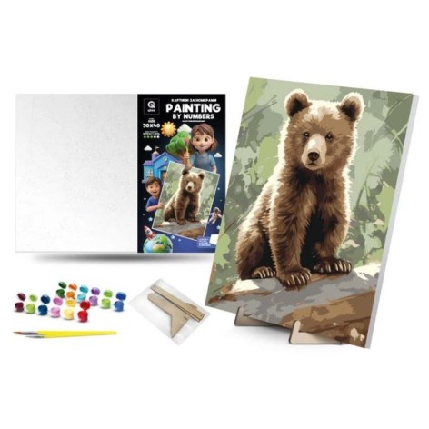 Картина по номерам "Любознательный мишка" (30х40 см) с деревянной подставкой
