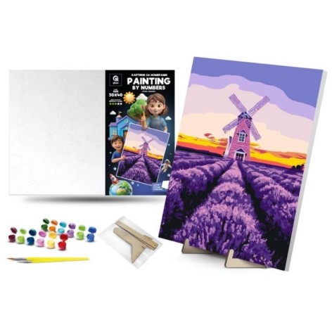 Картина по номерам "Ветряная мельница и лаванда" (30х40 см) с деревянной подставкой
