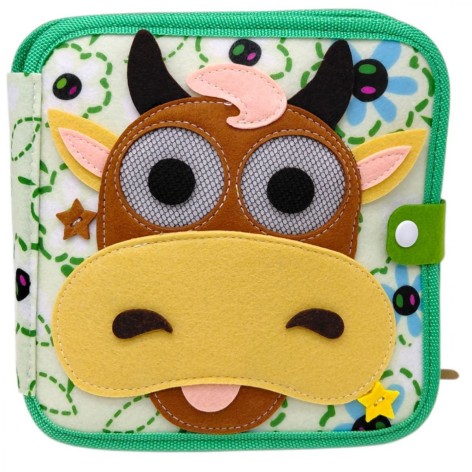 Мягкая книга бизиборд (фетр, бусины, прозрачный карман, цифры, элементы на липучках и кнопках, овощи, фрукты, насекомые)