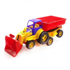 Трактор з ковшем та причепом (синьо-червоний)