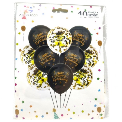 Набір повітряних кульок "Happy birthday" 10шт*30см золоті, чорні