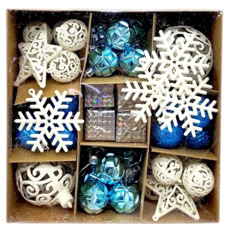 Новорічні прикраси, кульки, сніжинки, візерункові зірки, (52 штуки, діаметр 7 і 3.5 см)