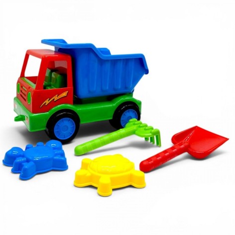 Машина "Самоскид" з пісочним набором (лопатка, граблі, 2 паски) СИНІЙ