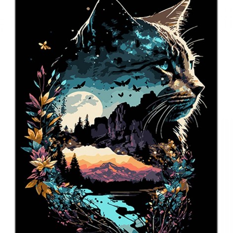 Картина по номерам на черном фоне "Кошачье отражение природы" 40х50 см