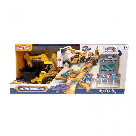 Трек 2 металлопластиковые машинки, спецтехника, подвижный ковш, звуки, мелодия, подсветка, в коробке