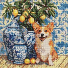 Алмазная мозаика "Корги и лимоны" 40х40 см
