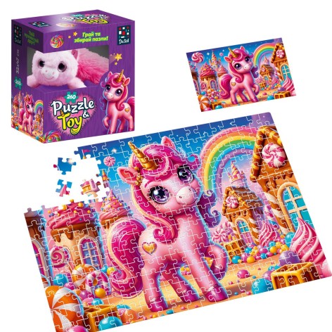 Пазлы с мягкой игрушкой "De.tail. Розовый единорог" 260 деталей
