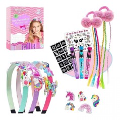 Набор украшений 3 обруча, 3 ручки с блестками, прядки, резинки, декоративные элементы, двусторонние наклейки-фиксаторы, в коробке