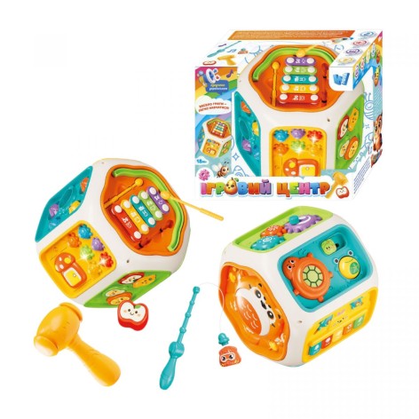 Игровой центр, ОЗВУЧЕНО УКРАИНСКИМ ЯЗЫКОМ, подсветка, песни, сказки, скороговорки, цифры, музыкальные инструменты: барабан, клавиши, ксилофон, игра на реакцию, магнитная рыбалка, пальчиковые игры, сортер, шестерни, в коробке
