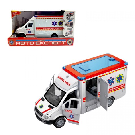 Машинка "Скорая помощь", ОСВУЧ УКР ЯЗЫКОМ, инерция, звук, подсвеч, стихи, песни, двери, и крыша открываются, в коробке