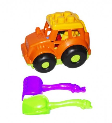 Трактор Кузнечик №1, оранжевый  с граблями и лопаткой