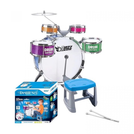 Барабанная установкастульчик, 4 барабана, 1 барабан с педалью, 2 палочки, 1 металлический диск, в коробке