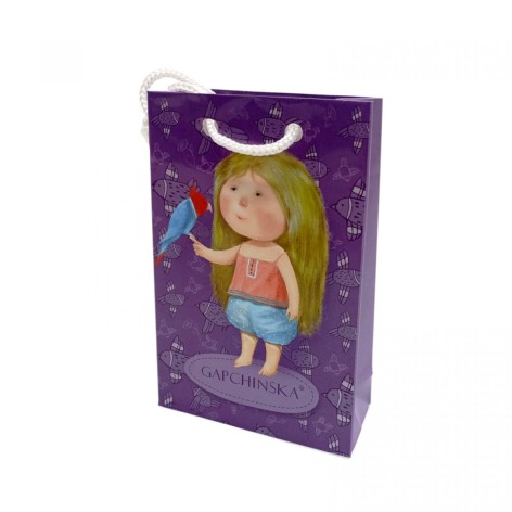 Пакет бумажный 8*12*3.5 ДЕВОЧКА С ПОПУГОЙ-ФИОЛЕТОВОЙ