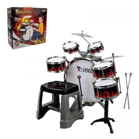 Барабанная установка стульчик, 5 барабанов, 1 барабан с педалью, 2 палочки, 2 металлических диска, в коробке