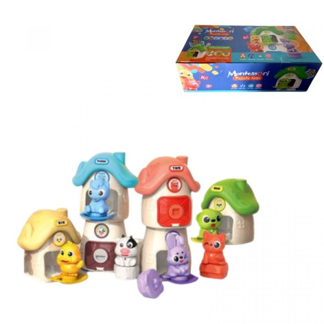 Логическая игра Монтессори, 6 домиков, размер 10х7.5х10 см, 6 животных, цвета, названия, цифры, надписи на английском языке, открывается дверца, в коробке