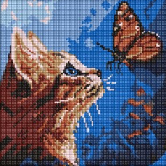 Алмазная мозаика "Котик и бабочка" 30х30см