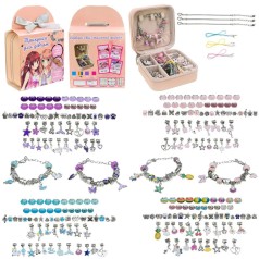 Набір аксесуари для дівчат типу пандора, у шкатулці, 3 браслети, 3 підвса на шию, 60 шармів короб. 9*9*5см