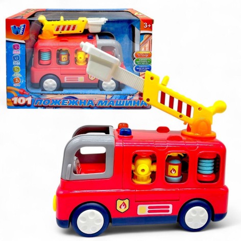 Музыкальная машинка "Пожарная машина" (песни, интересные факты, стишки, подсветка, сирена, 2 режима громкости, трещотки, телескопическая стремянка вращается на 360°, фигурка пожарного)