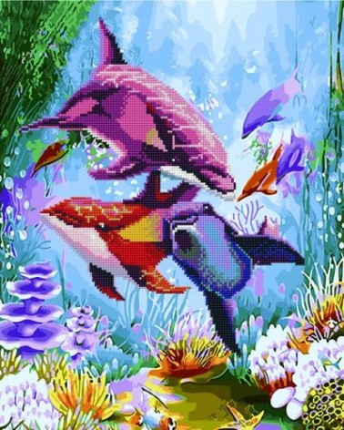 Картина за номерами + Алмазна мозаїка "Дельфіни"????