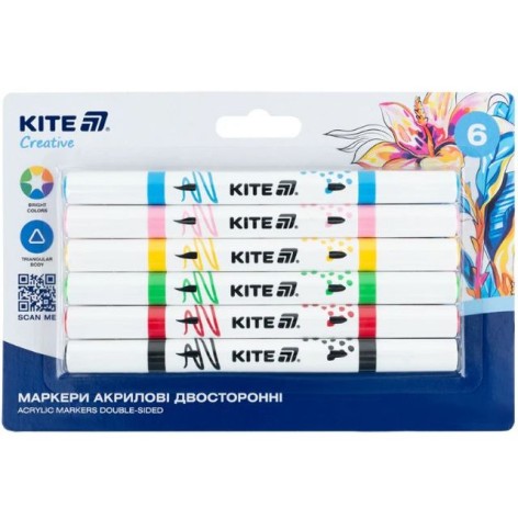 Маркеры акриловые двухсторонние "Kite Creative", 6 цветов