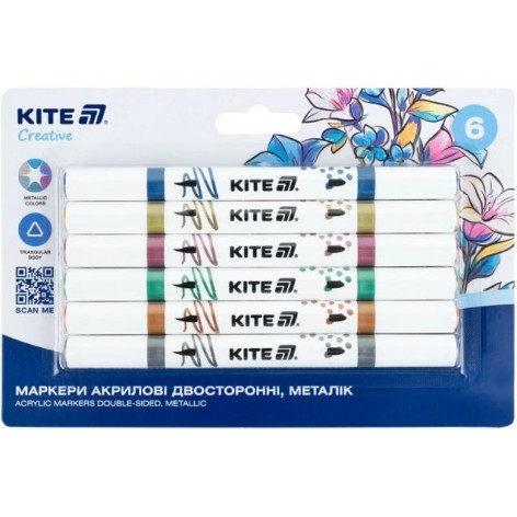 Маркеры акриловые двухсторонние "Kite Creative металлик", 6 цветов