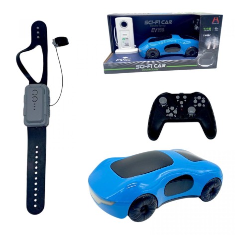 Машина на радиоуправлении парогенерация, музыка, звуки, подсветка, акум. 3.7V, пульт 2.4GHz + сенсорный браслет, зарядная станция, масштаб: 1:16, (СИНЯЯ)