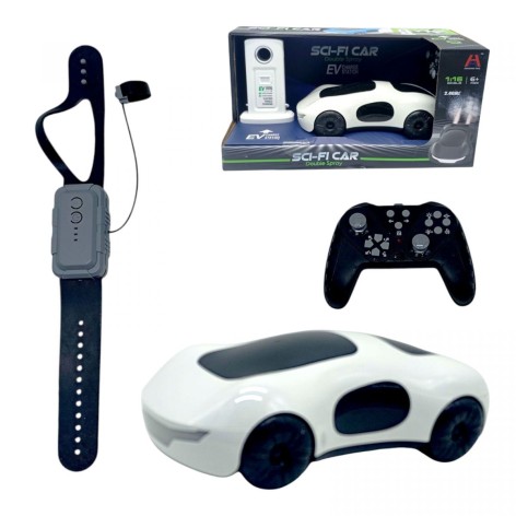 Машина на радиоуправлении парогенерация, музыка, звуки, подсветка, акум. 3.7V, пульт 2.4GHz + сенсорный браслет, зарядная станция, масштаб: 1:16, (БЕЛАЯ)