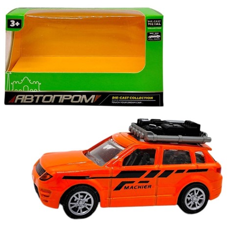 МАШИНА АВТОПРОМ С БОГАЖНИКОМ НА КРЫШЕ (металлическая) ОРАНЖЕВАЯ
