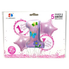 Кулі фольговані набір "First birthday-Girl" 5шт.=1шт*80см+4шт*45см (36130)