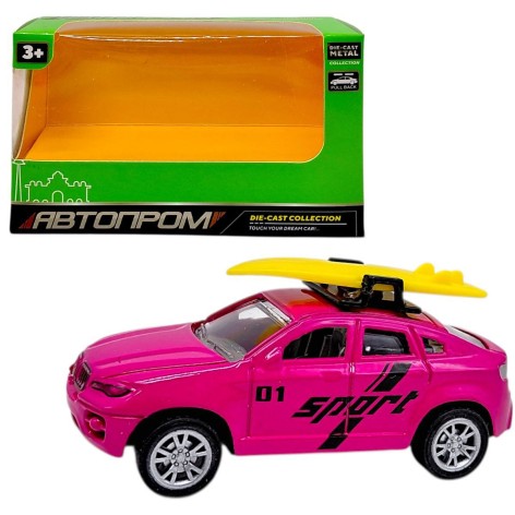 МАШИНА АВТОПРОМ С БОГАЖНИКОМ НА КРЫШЕ (металлическая) РОЗОВАЯ