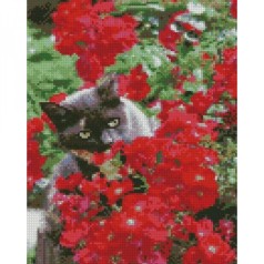 Алмазная мозаика "Котик в красных цветах" 30х40 см