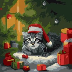 Картина за номерами 30*30см  "Котик під ялинкою"