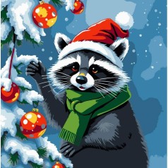 Картина по номерам "Енот украшает елку" 30х30 см