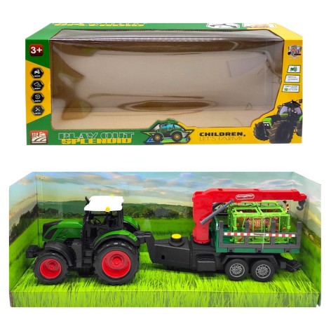 Трактор игрушечный (длина с прицепом 49 см, подвижные элементы, инерция, прицеп, 2 фигурки животных) в коробке – 53х16х22 см