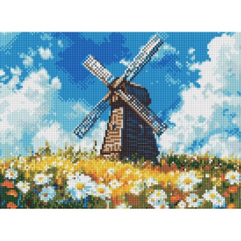 Алмазная мозаика "Мельница посреди поля" 30x40см