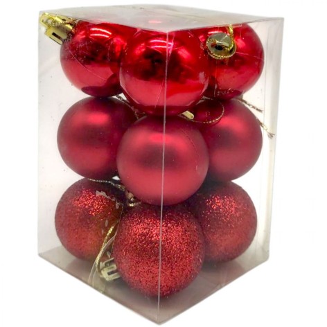 Новорічні прикраси  12 штук, діаметр - 3 см (ЧЕРВОНІ)