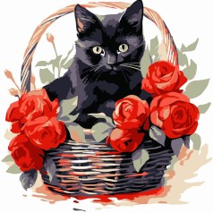 Картина по номерам "Черная кошка с розами" 20х20 см