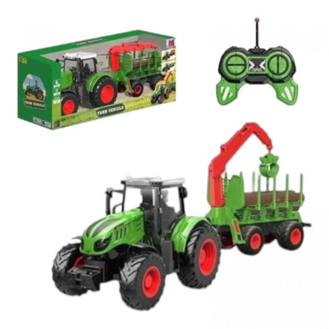 Трактор на радиоуправлении длина 42 см, масштаб 1:24, резиновые шины, подвесное оборудование, прицеп, 3 куска древесины, аккумулятор 3.7 V, пульт управления, в коробке