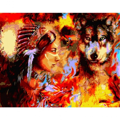 Картина по номерам "Женщина-команчи с волком"