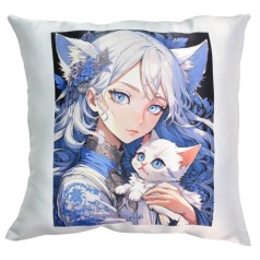 Подушка "Аниме девушка с котёнком" (размер 35 см) розовая с нанесением сублимации