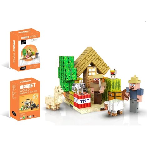 Магнітний конструктор Minecraft Ферма 73 магнітних кубика + фігурки, 18*11,2*7,2 см