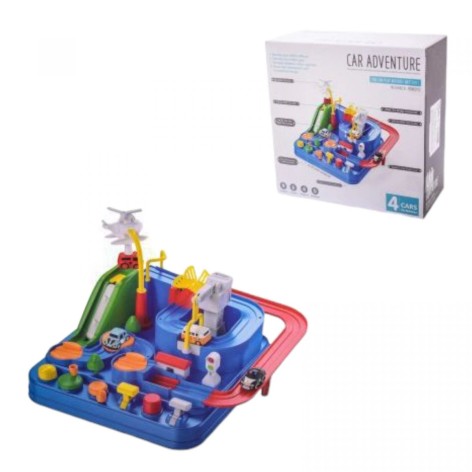 Трек 26х27х20, механический принцип работы, 6 механизмов для игры, рычаги, подъемники, разводной мост, вертолет с магнитом удерживает машинку, светофор, 2 елки, в коробке